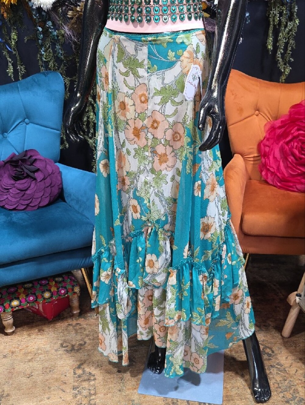 Amber Sky Teal Floral Tiered Maxi Skirt!